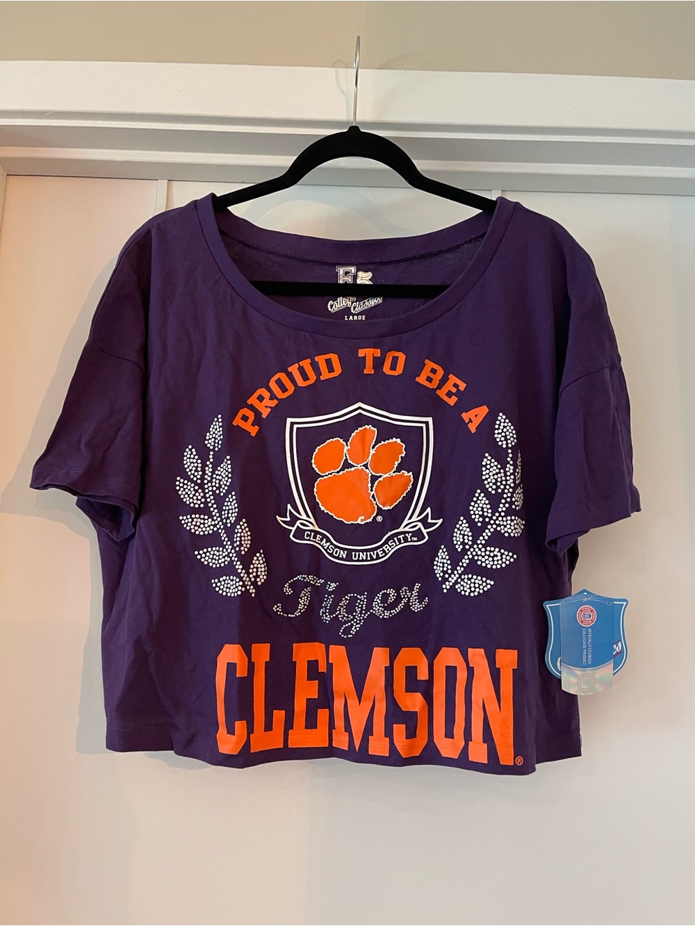 Clemson Tigers Bling Crop Top T Shirt Size L Purple Orange Silver